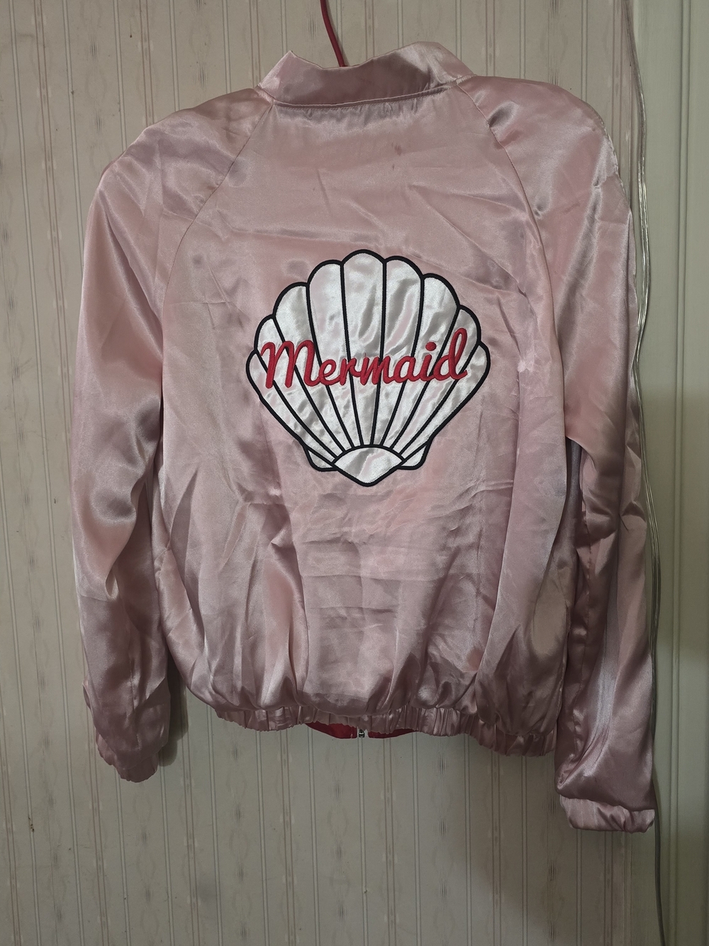 Pink Satin 'Mermaid' Shell Embroidered Bomber Jacket